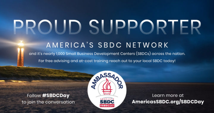 A photo taken from the ocean at night, of a lighthouse shining on the coast on the far left. Overlay text that reads "Proud Supporter, America's SBDC Network and its nearly 1,000 Small Business Development CEnters across the nation. For free advising and at-cost training, reach out to your local SBDC today! Follow #SBDCDay to join the conversation."