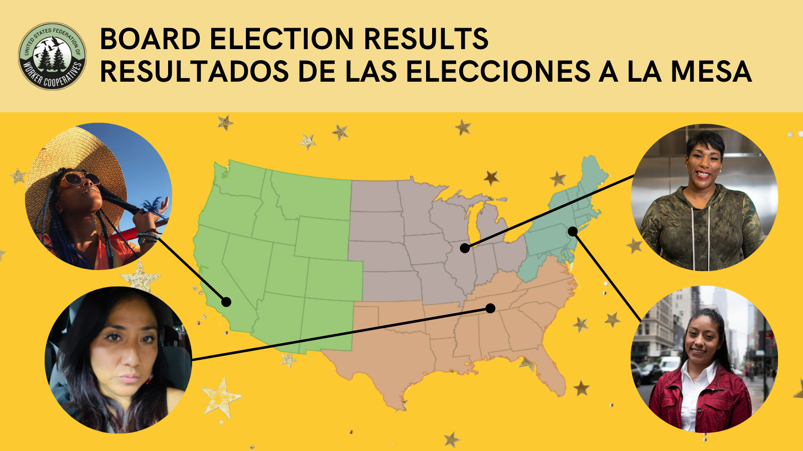 Gráfico con retratos de las nuevas integrantes a la mesa directiva posicionados arriba de un mapa del país dividido en cuatro regiones. La posición de cada retrato indica cuál de las cuatro regiones la directora representa.