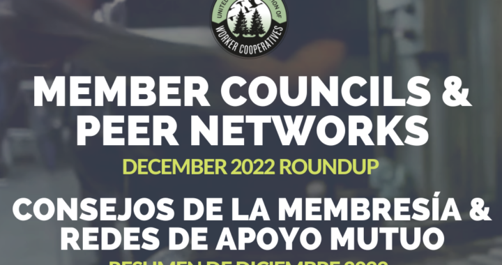 A blurred photo of a person working a printing press and overlay text that reads US Federation of Worker Cooperatives Member Councils and Peer Networks December 2022 Roundup