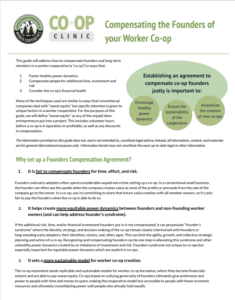 A thumbnail image of the first page of the Co-op Clinic mini guide compensating the founders of your co-op with the logo of the united states federation of worker cooperatives and a green graphic with circles and ovals with text about how to compensate founders of the co-op. 