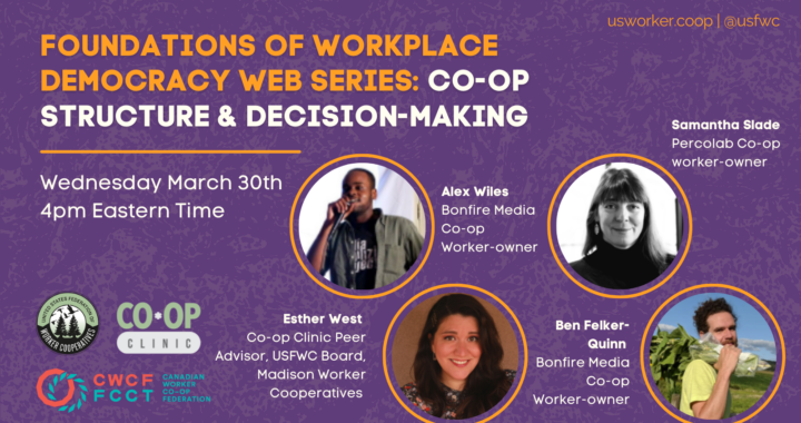 A purple graphic with four headshots of presenters for the Foundations of Workplace Democracy web series: co-op structure and decision making frm the united states federation of worker cooperatives.