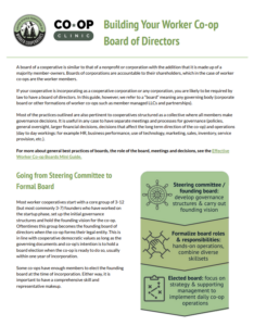 A screenhsot of a document with green grahics with text too small to read except the title building your worker co-op board 