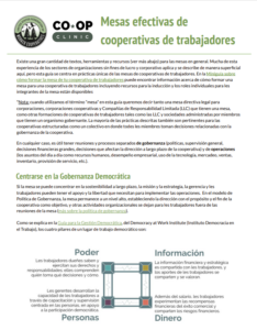 Una captura de pantalla de un documento con graficos azules y texto demasiado pequeño para leer menos el titulo Mesas efectivas de cooperativas de trabajadores. 