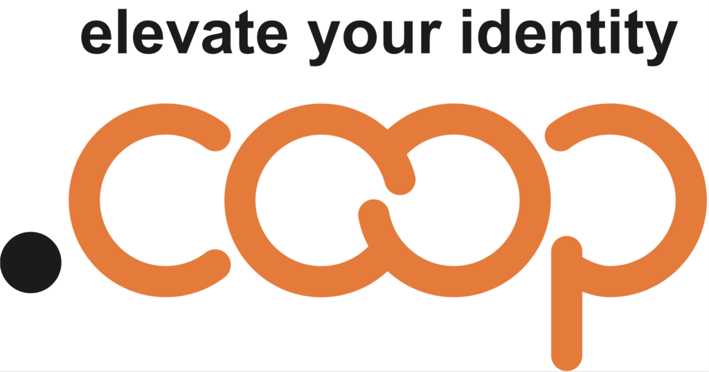 Logo graphic for DotCoop where the O's in "coop" are interlocking loops. The graphic says "Elevate your identity".