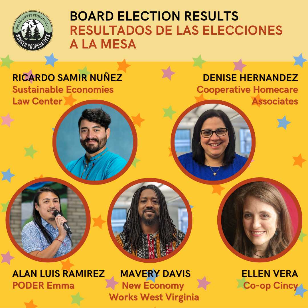 A yellow graphic with five headshot photos of board members of the united states federation of worker cooperatives. Each person smiles at the camera or holds a microphone and stars surround their names: Ricardo Nuñez, Denise Hernandez, Ellen vera, Mavery Davis, Alan Luis Ramirez. Text that also reads Board Election Results.