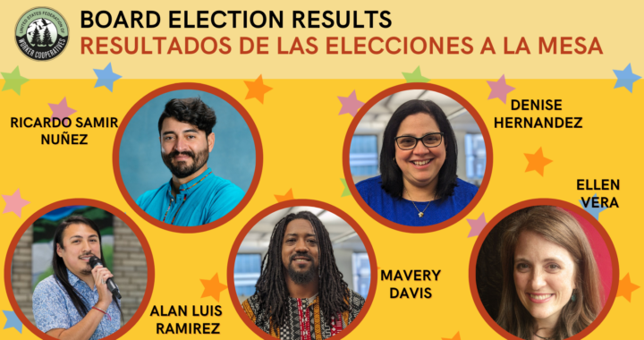 A yellow graphic with five headshot photos of board members of the united states federation of worker cooperatives. Each person smiles at the camera or holds a microphone and stars surround their names: Ricardo Nuñez, Denise Hernandez, Ellen vera, Mavery Davis, Alan Luis Ramirez. Text that also reads Board Election Results.