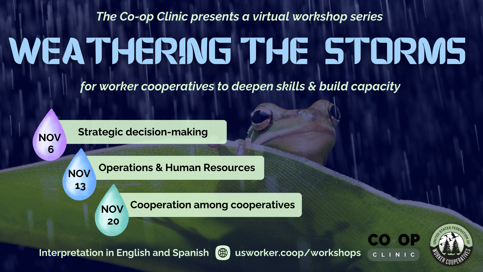 A photo of a frog on a leaf in the rain. Text reads: The Co-op Clinic presents a virtual workshop series "Weathering the Storms" for worker cooperatives to deepen skills and build capacity. November 6 - strategic decision making. November 13 - operations and human resources. November 20 - cooperation among cooperatives. Interpretation in English and Spanish. usworker.coop/workshops