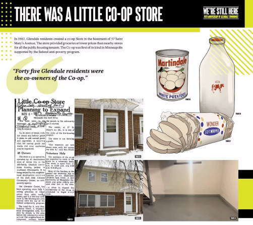 presentation slide with text that reads there was a little co-op store, 45 glendale residents were the co-owners fo the co-op 