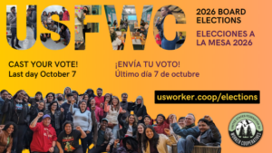 group photo of tens of people sitting and standing with their fists up, text reads cast your vote until october 7 board of directors elections