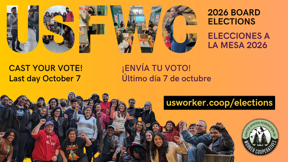 group photo of tens of people sitting and standing with their fists up, text reads cast your vote until october 7 board of directors elections