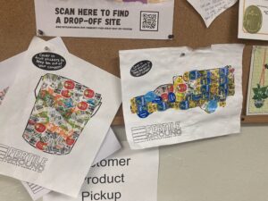 A wall with stickers from fruits and vegetables 